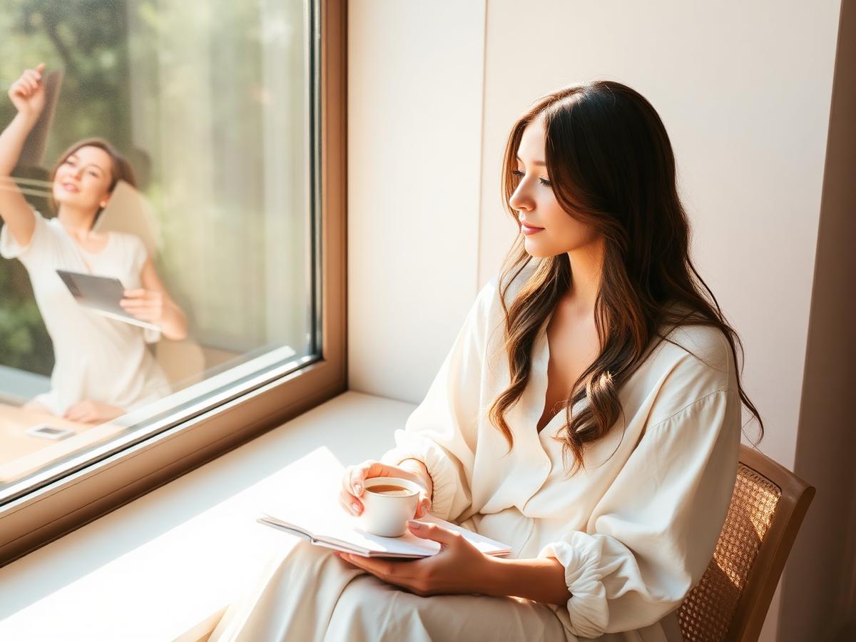 A woman pausing with tea and a notebook in morning light
