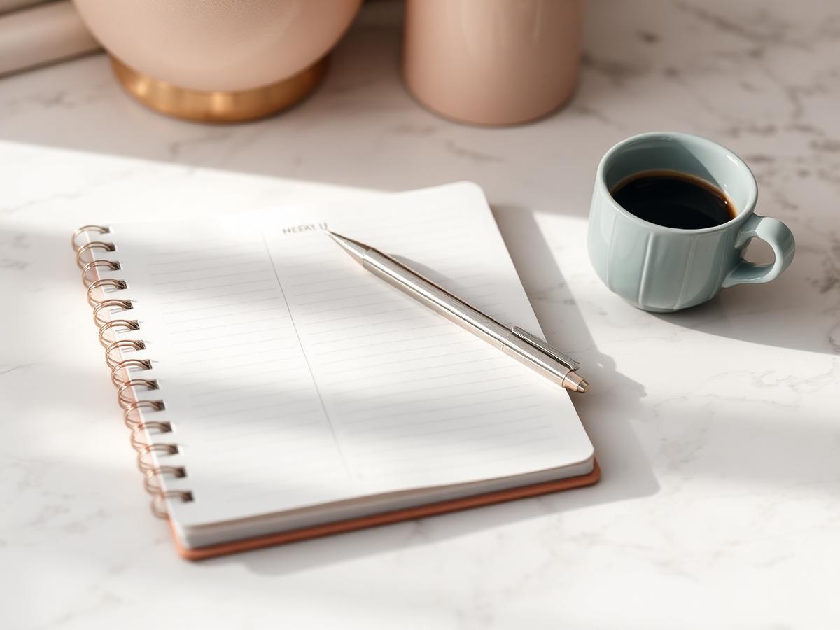 A weekly planner and coffee on a marble desk for an energy audit