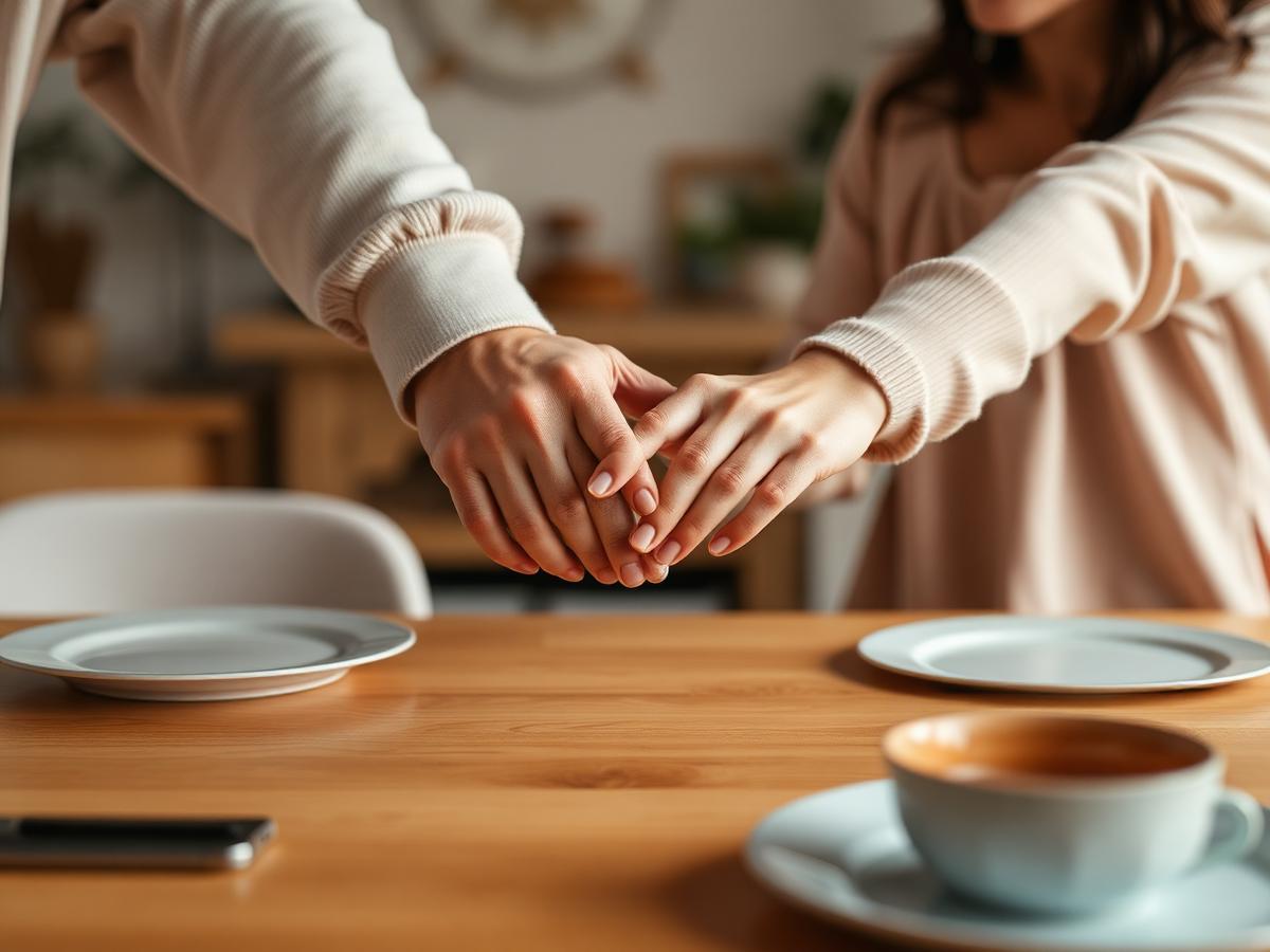 Two people holding hands across a kitchen table
