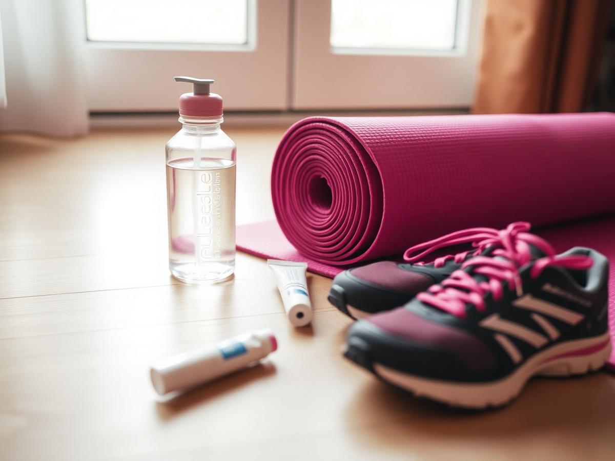 Yoga mat, water bottle and a tube of topical gel after training