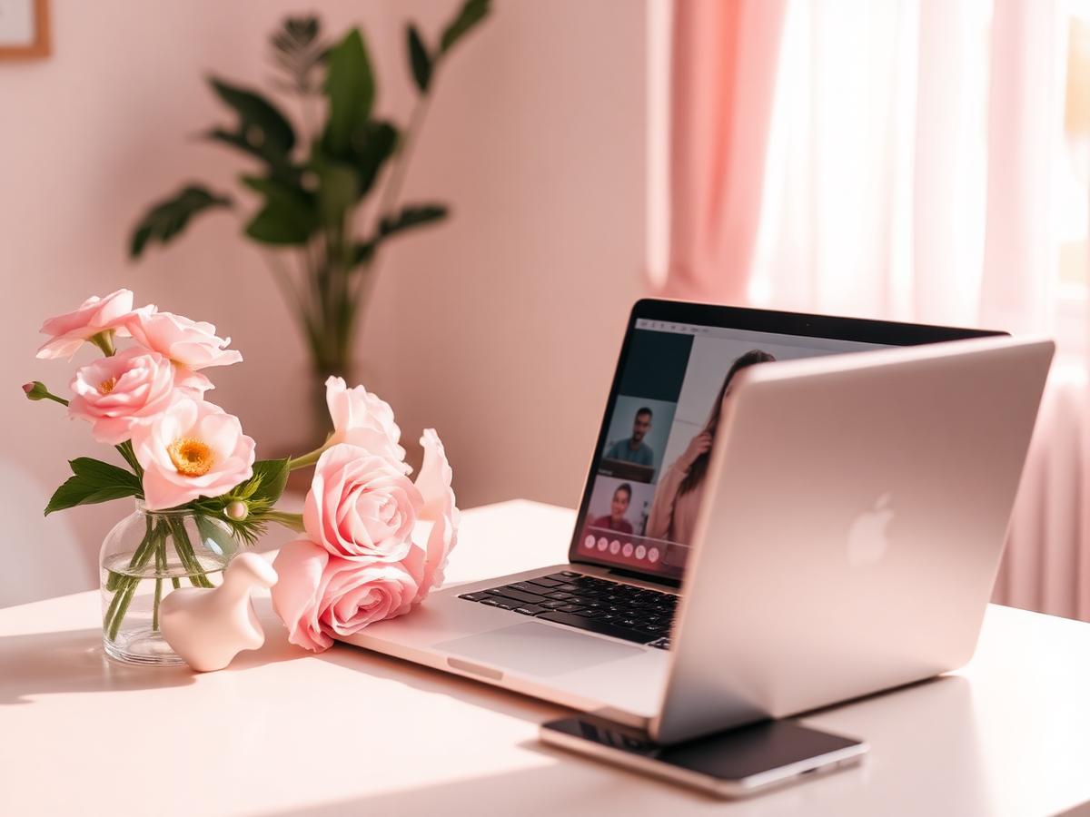 A laptop set up for an online coaching session beside fresh flowers